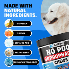 Avid Paws No Poo Chews packaging box highlights probiotic enzymes blend