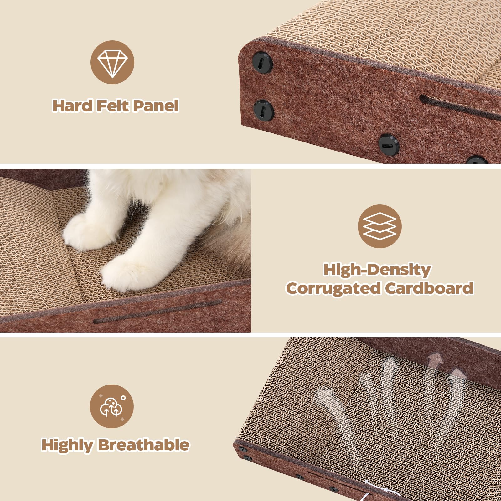 Dense corrugated cardboard construction from Avont for daily scratching.