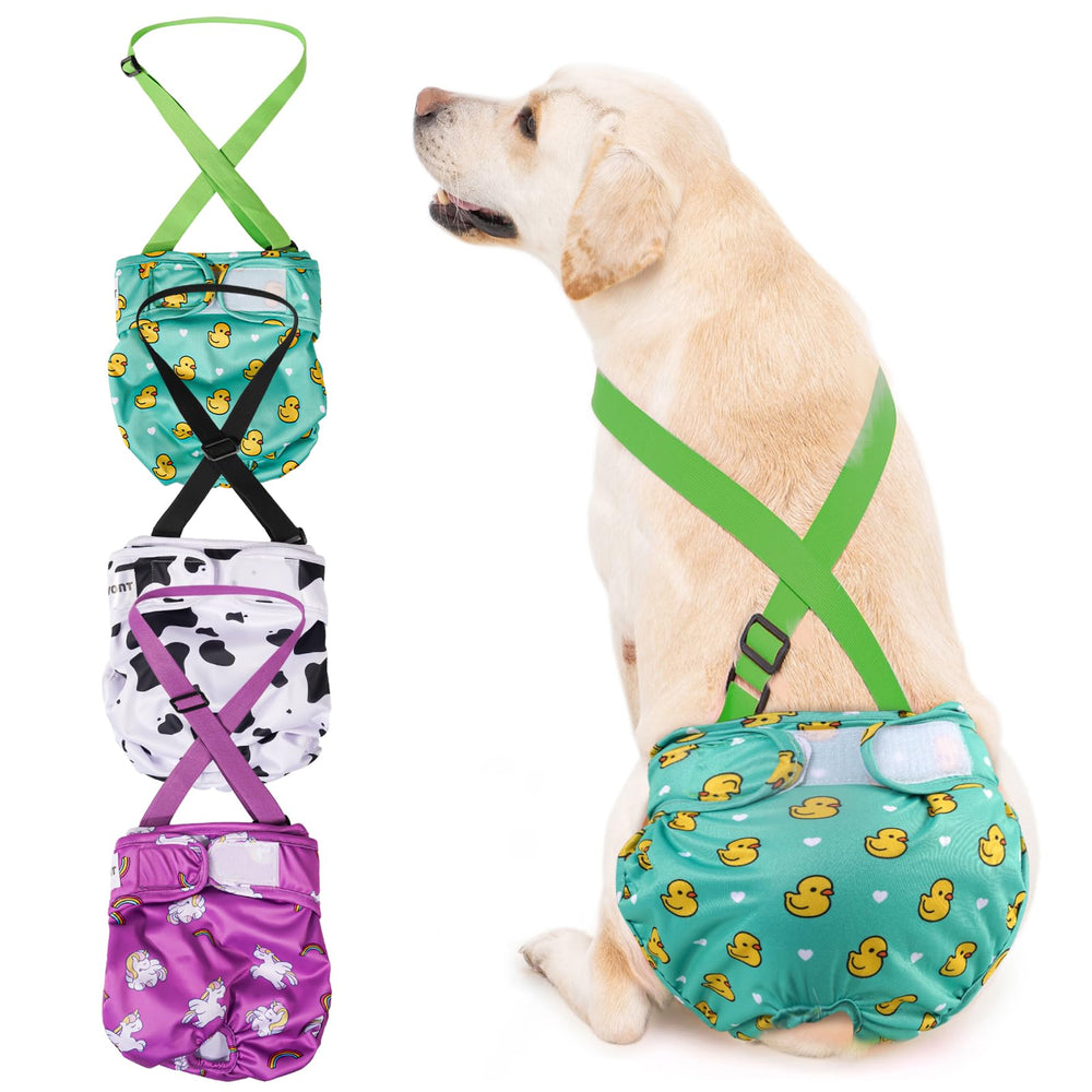 Avont washable dog diaper with suspender on for secure fit during heat