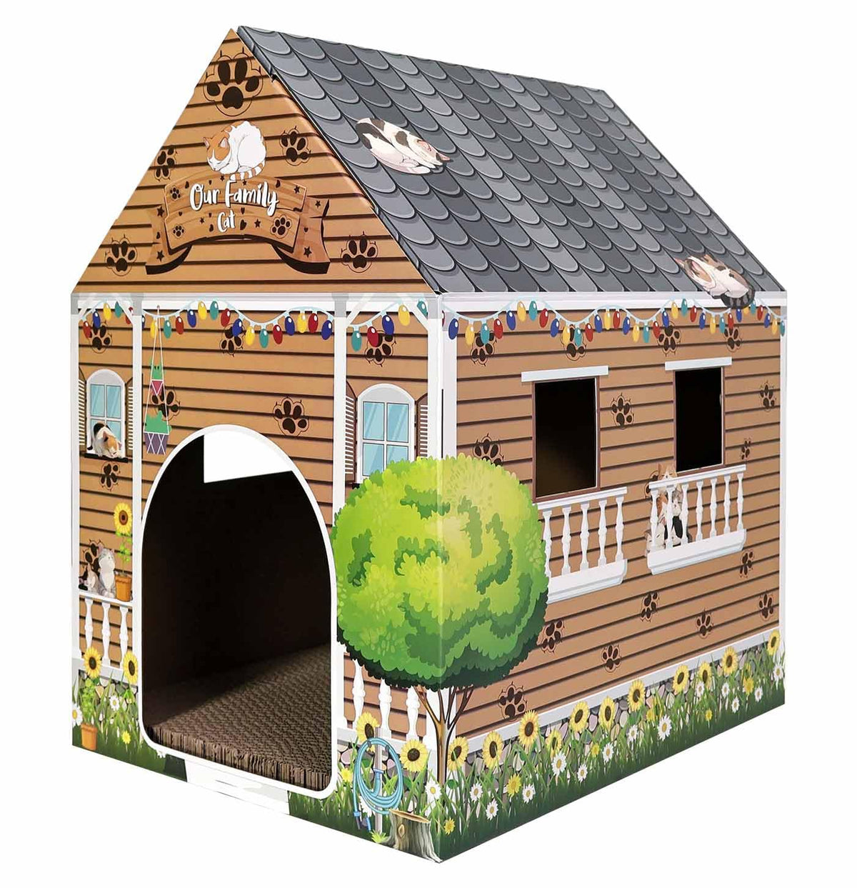 AVXINSOK cardboard cat house front view with scratch pad for cozy indoor play