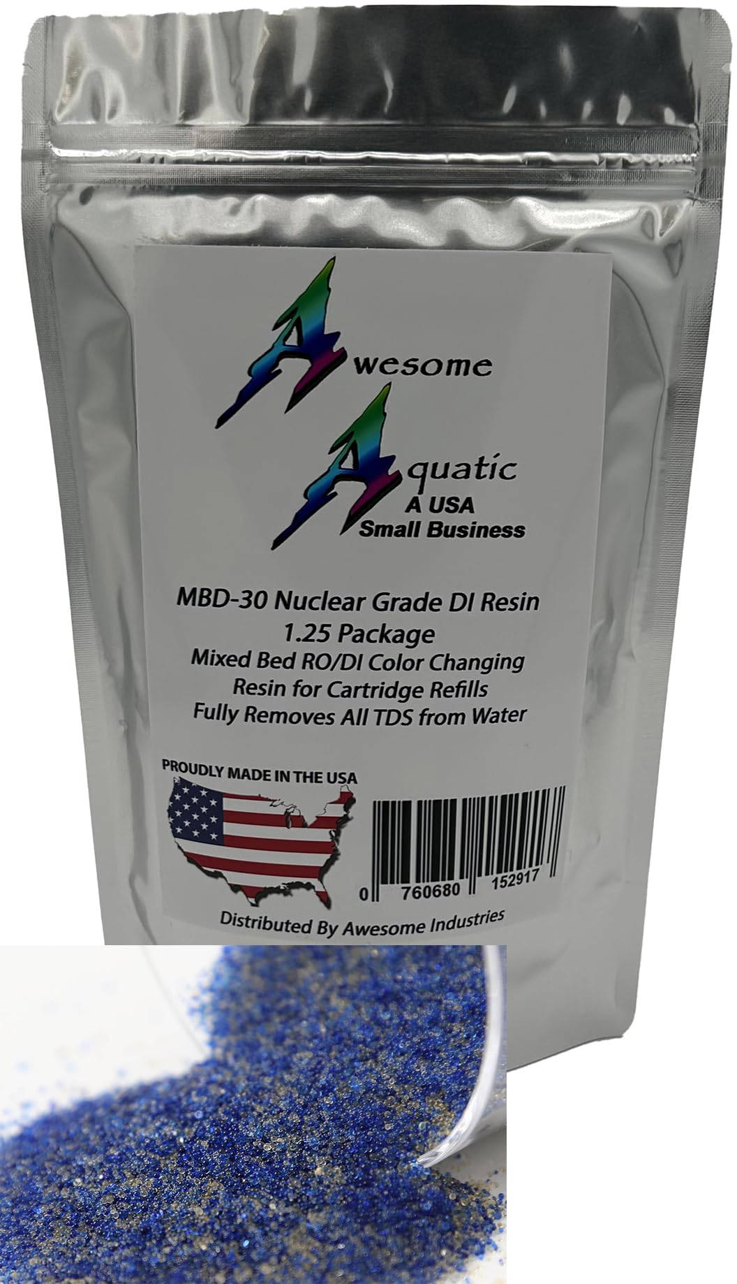 Awesome Aquatic MBD-30 color-changing DI resin signals exhaustion with blue-to-amber indicator.
