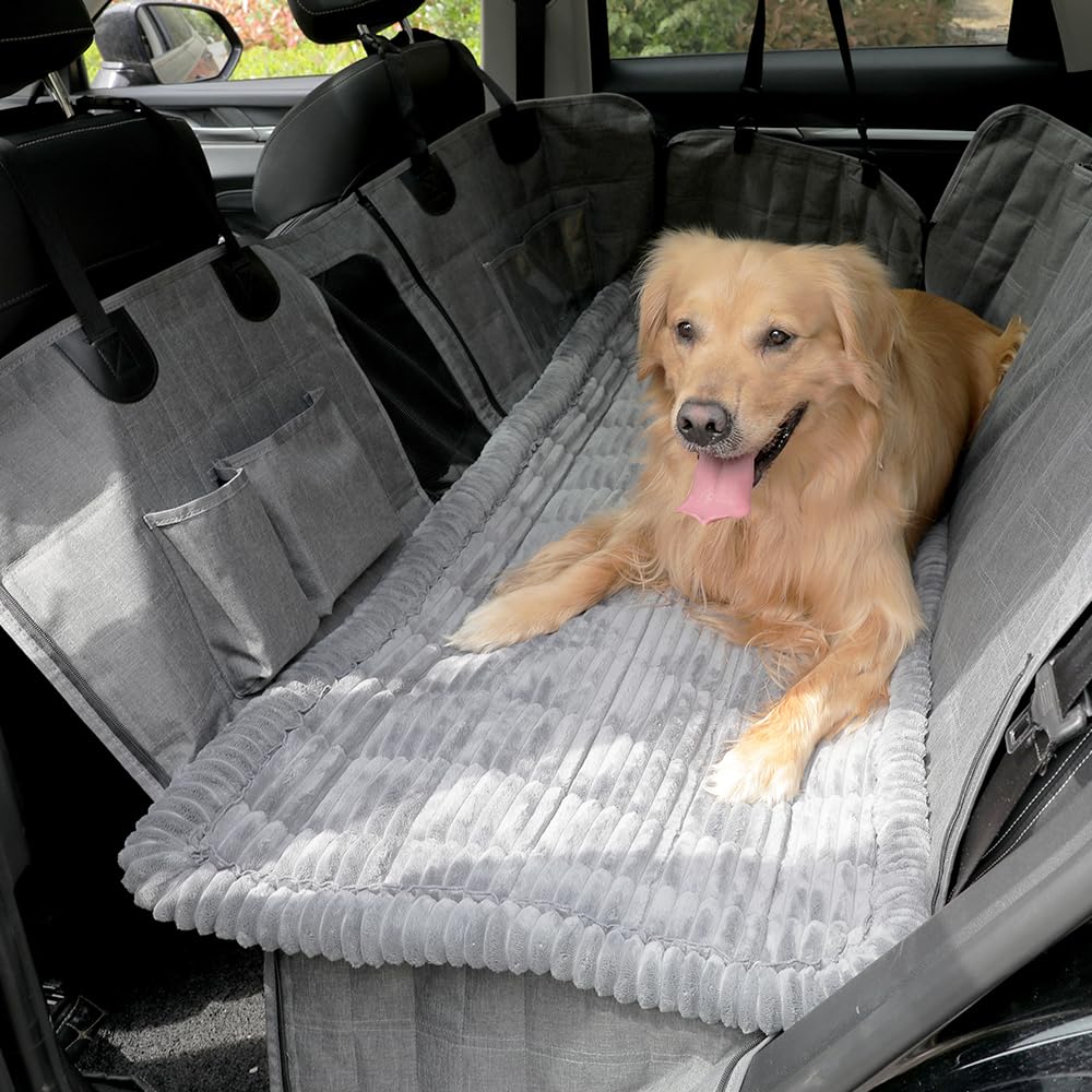 Awjcsv dog car seat cover with backseat extender compatibility protects upholstery from fur and spills.