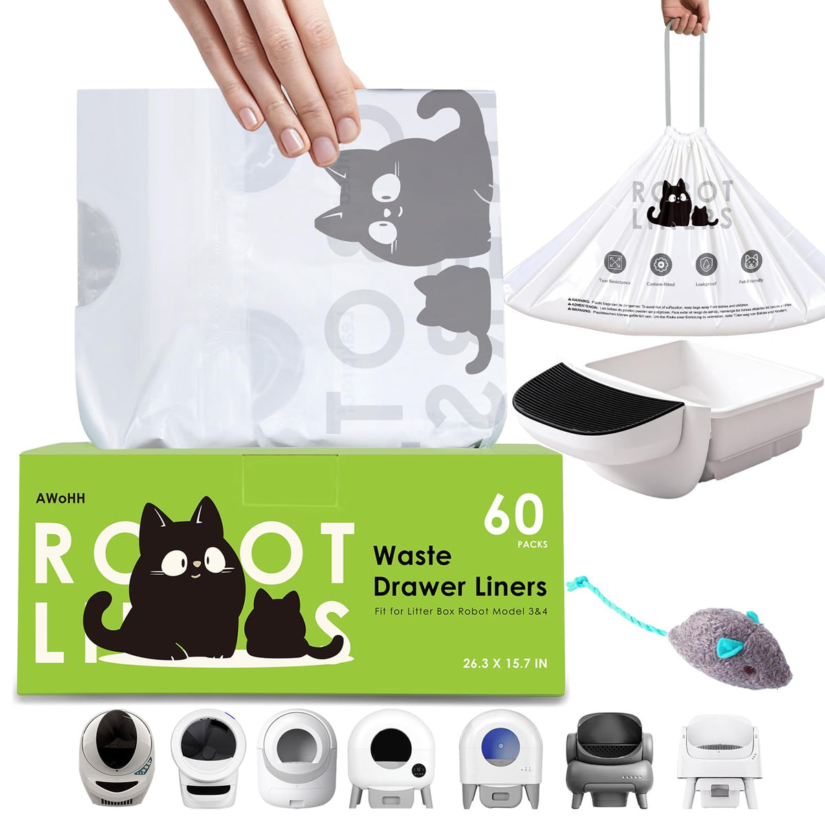 AWoHH 60-count tidy draw-pack bags for robot models 5/4/3 with easy pull-out dispensing.
