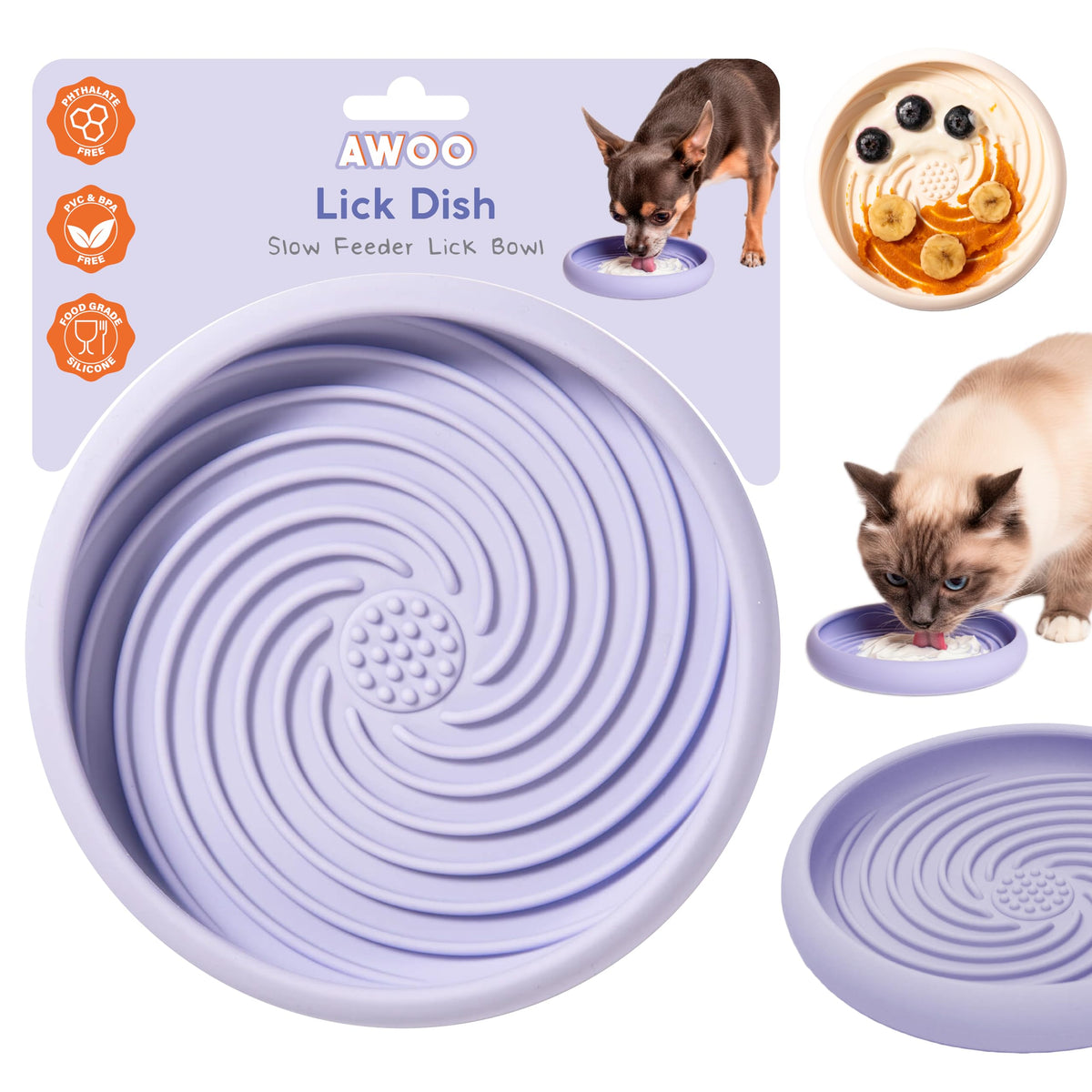 Awoo Lick Dish close-up in periwinkle shows silicone texture for slow feeding