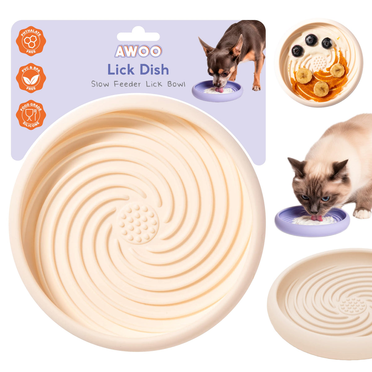 Awoo Lick Dish silicone mat for slow feeding and interactive mealtime.