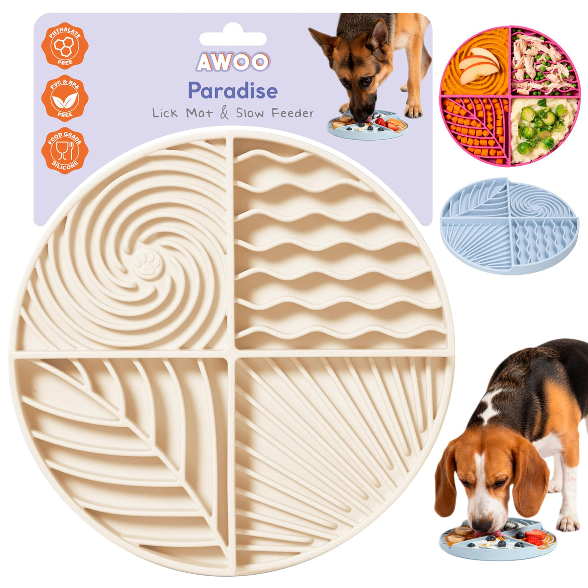 Awoo Paradise lick mat for dogs helps slow feeding and enrichment.