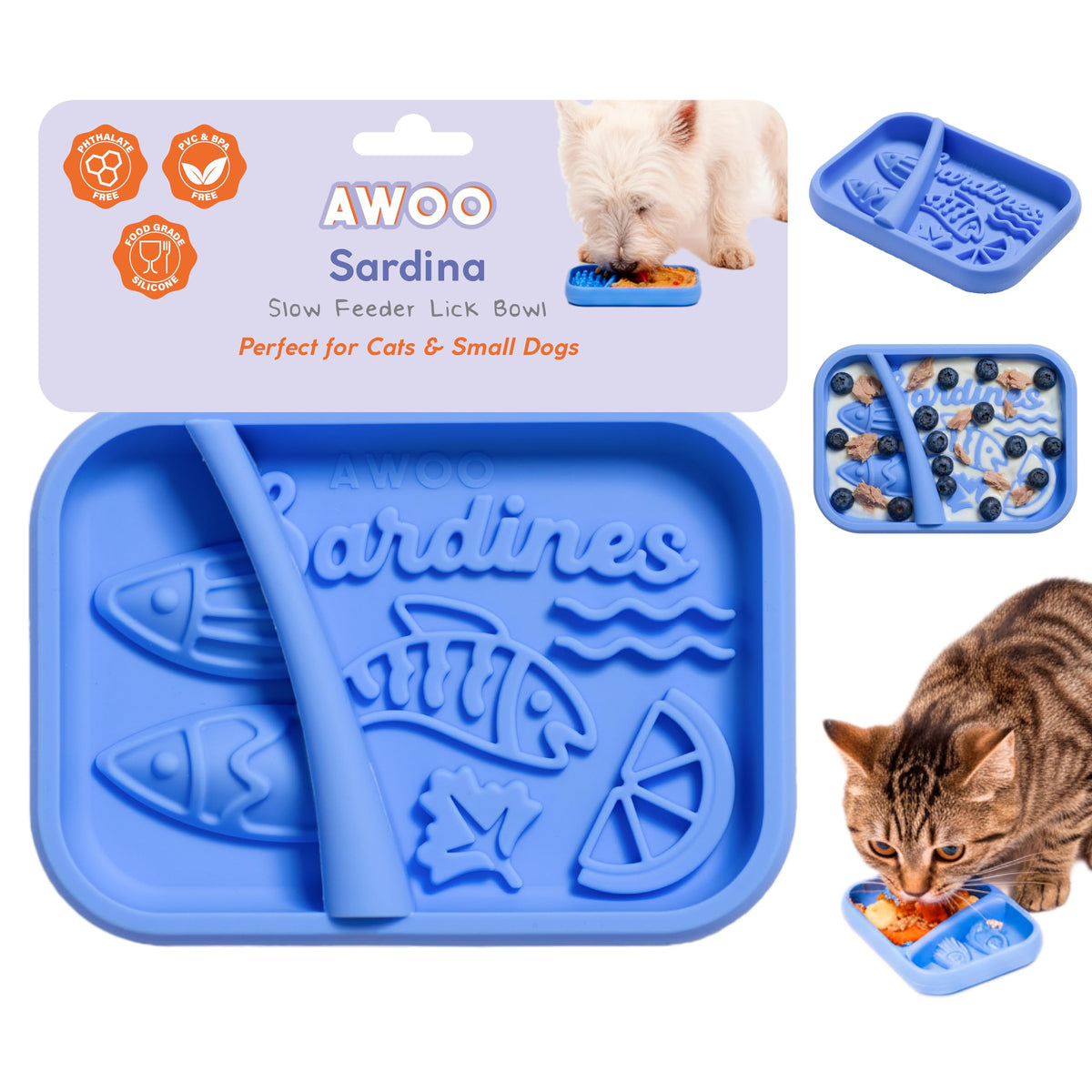 Awoo Sardina silicone lick mat for calm, extended mealtimes.