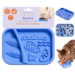 Awoo Sardina silicone lick mat for calm, extended mealtimes.