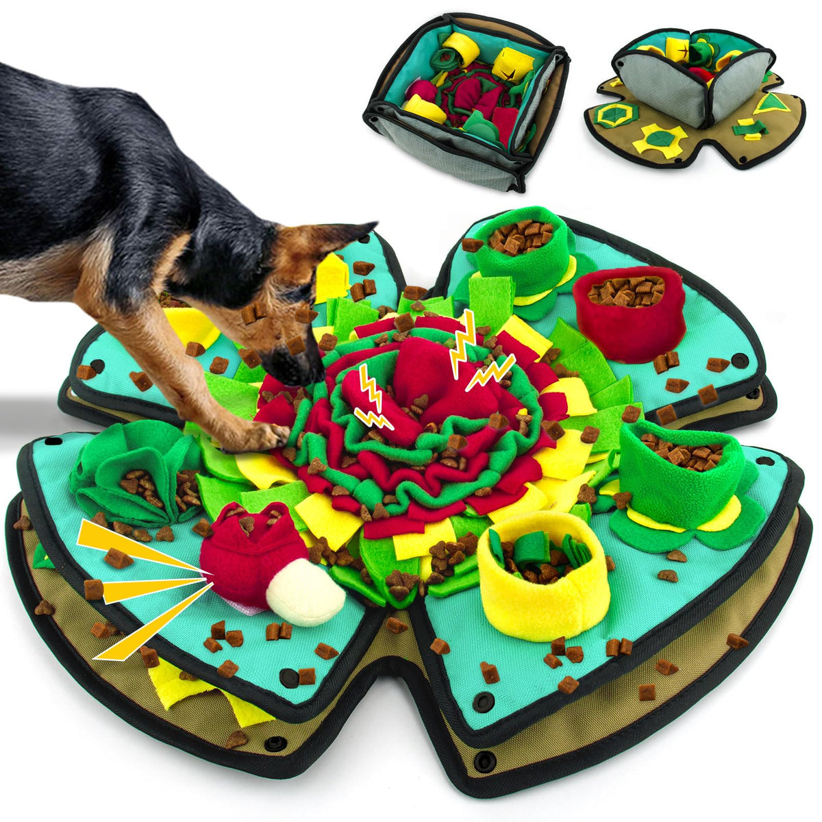 AWOOF Snuffle Mat for dogs in flat layout showing foraging setup for slow feeding