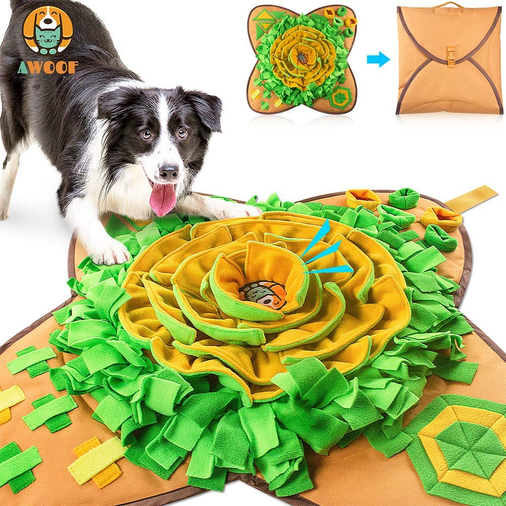 AWOOF Snuffle Mat with big orange flower encouraging foraging play
