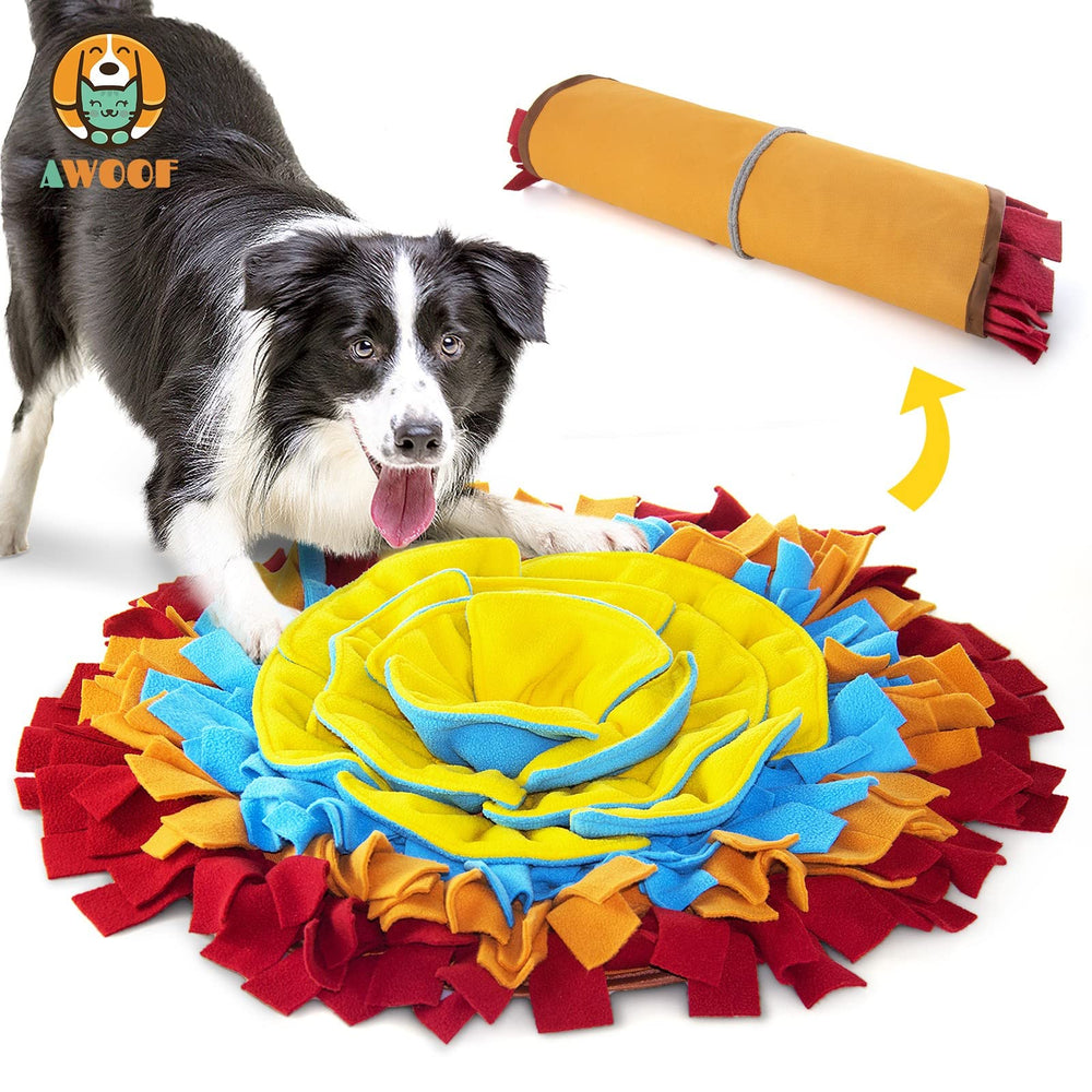 AWOOF snuffle mat for dogs in red during play to boost foraging skills.
