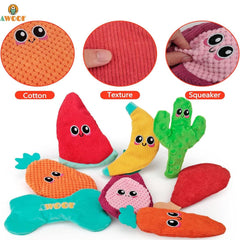 AWOOF no-stuffing crinkle dog toy 8-pack featuring fruit shapes for chewing fun