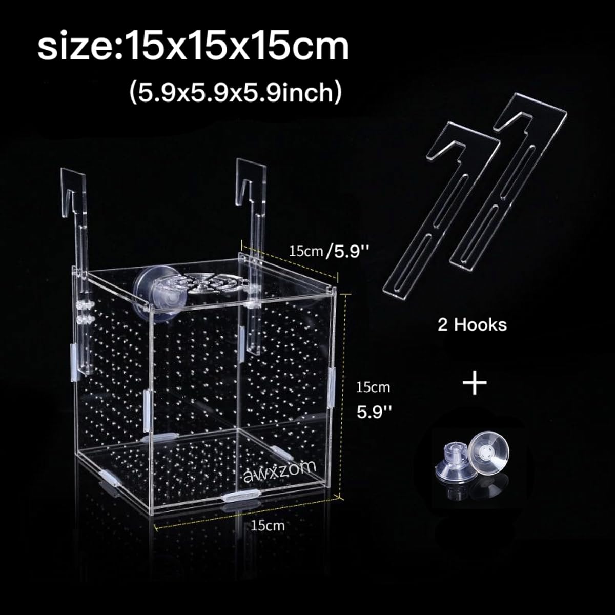 AWXZOM hatchery incubator with suction cups fixed to aquarium rim.