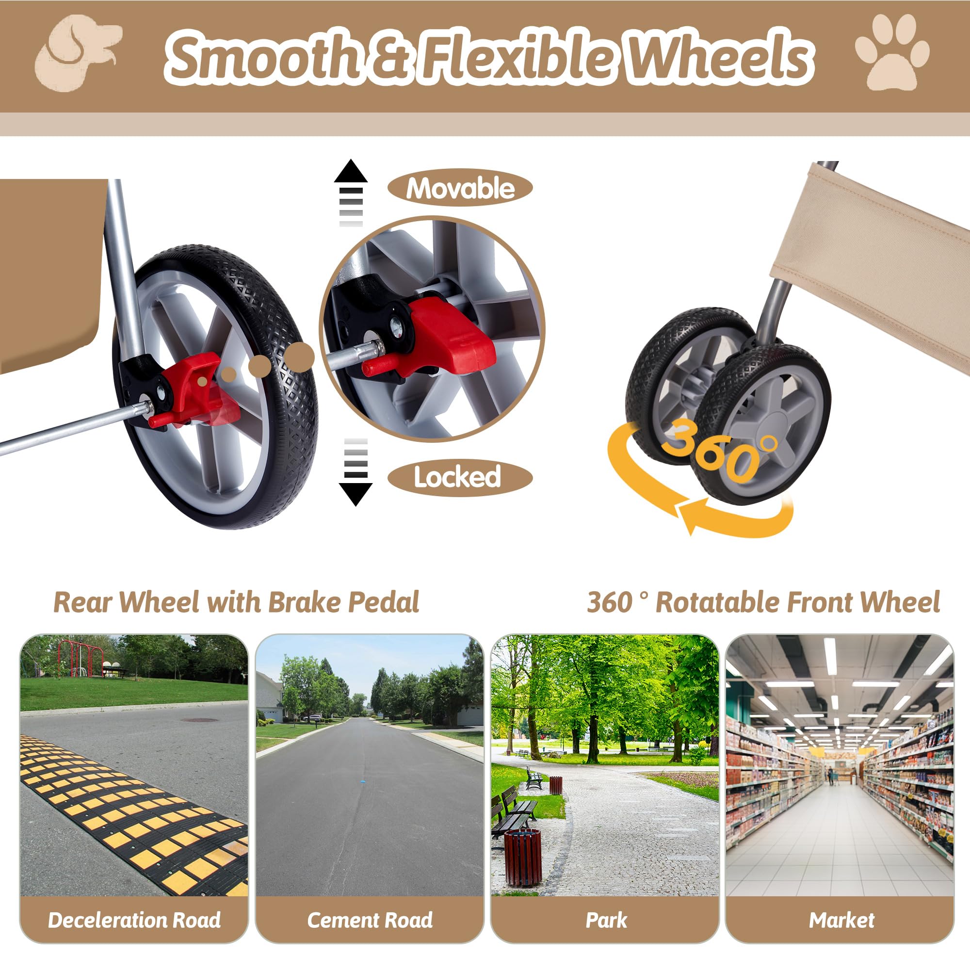 Azaeahom pet stroller safety lock and rear brakes for stability.
