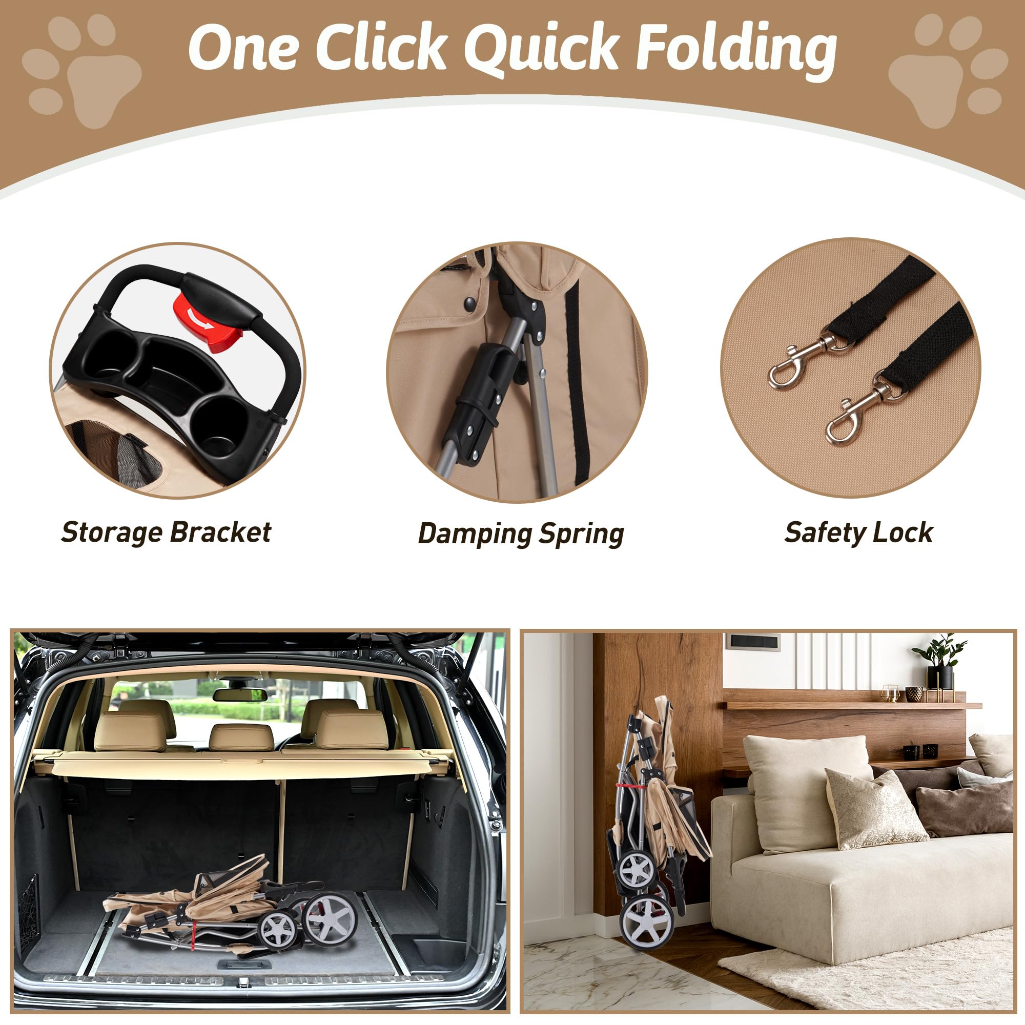 Azaeahom pet stroller showing storage basket and cup rack.