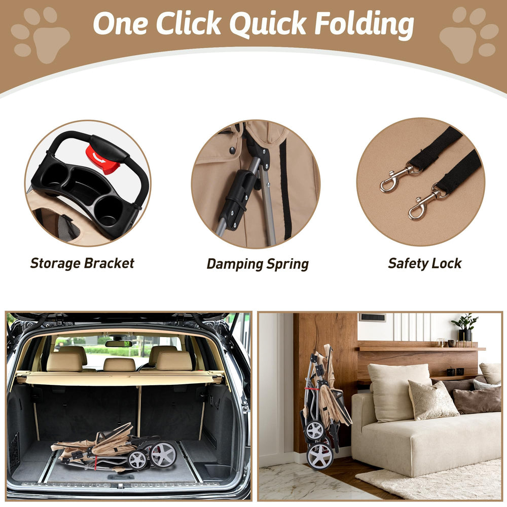 Azaeahom pet stroller showing storage basket and cup rack.