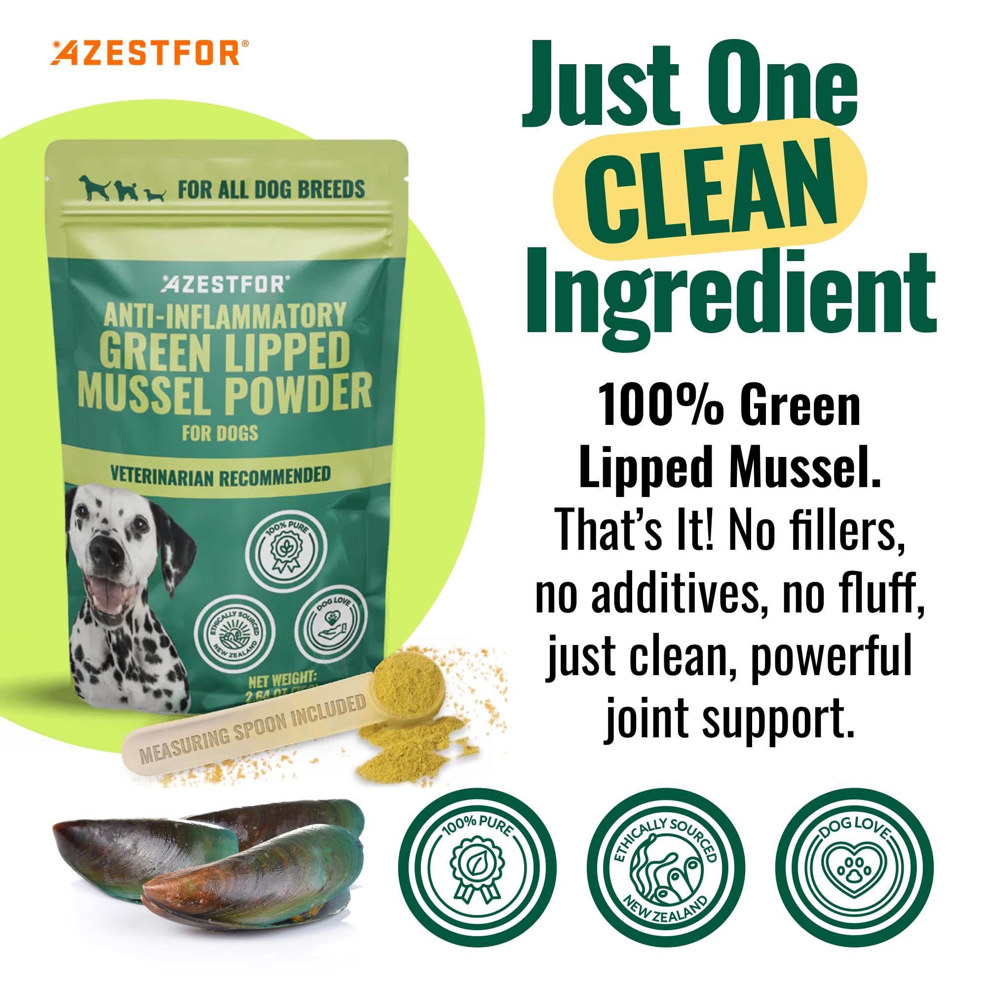 Azestfor Green Lipped Mussel dog powder jar front, premium all natural supplement for joints