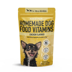 Azestfor homemade dog food supplement tub — ready-to-mix vitamin blend for holistic meals.