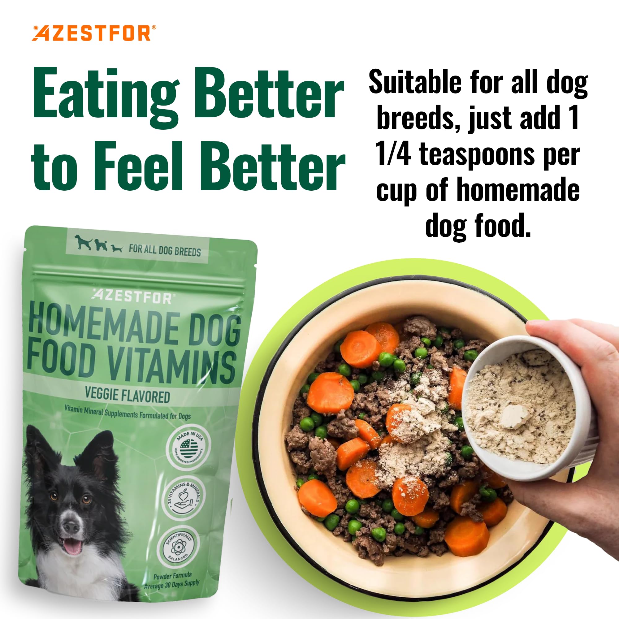 Azestfor powder blends into meals for all breeds and ages.