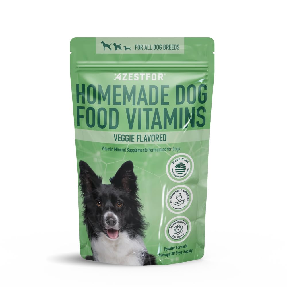 Azestfor pre-mix powder packaging highlights 24 nutrients for balanced dog nutrition.