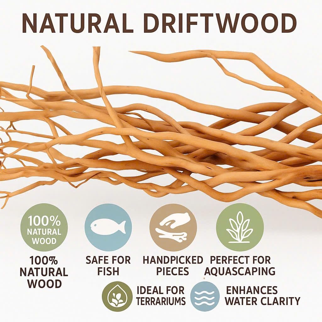 Azil natural driftwood supports aquascaping with a warm, earthy focal point.