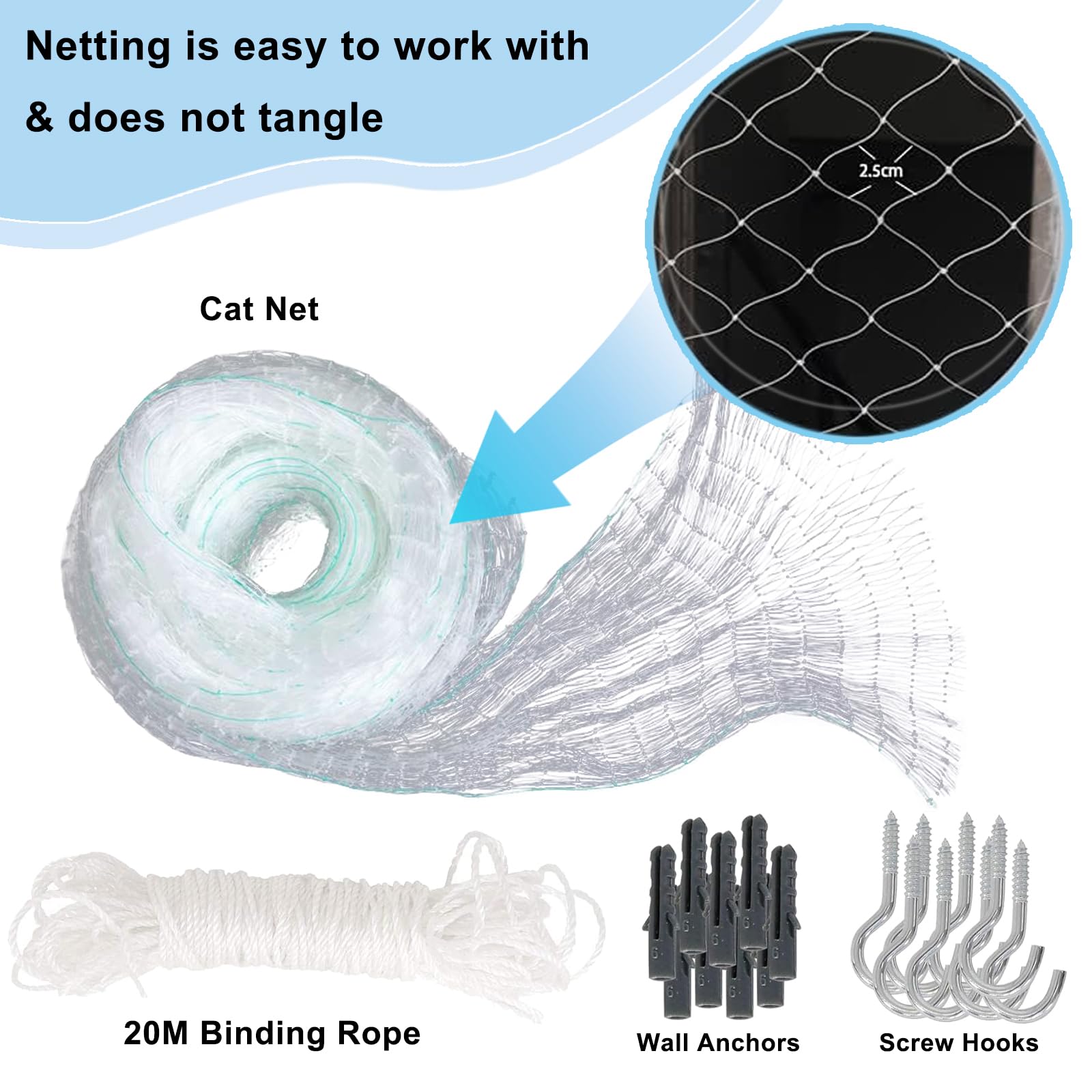 Azure Cantara cat net on a window demonstrates flexible cut-to-fit installation.