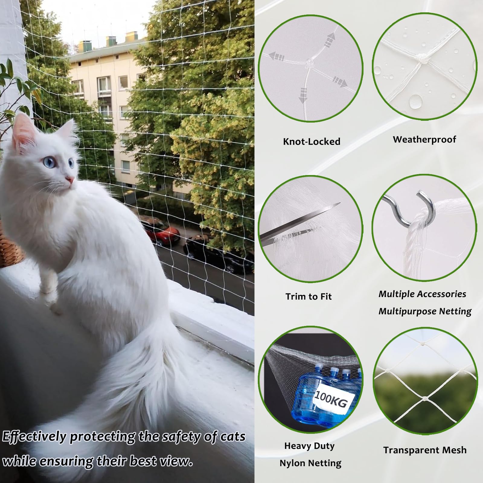 Azure Cantara balcony net with hooks shows easy securement.