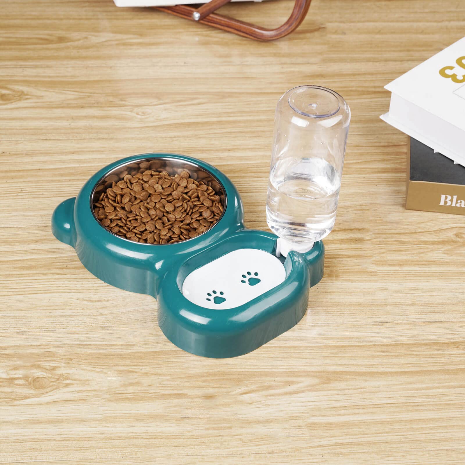 Azwraith 2-in-1 cat food and water bowl showcases convenient multi-use design.