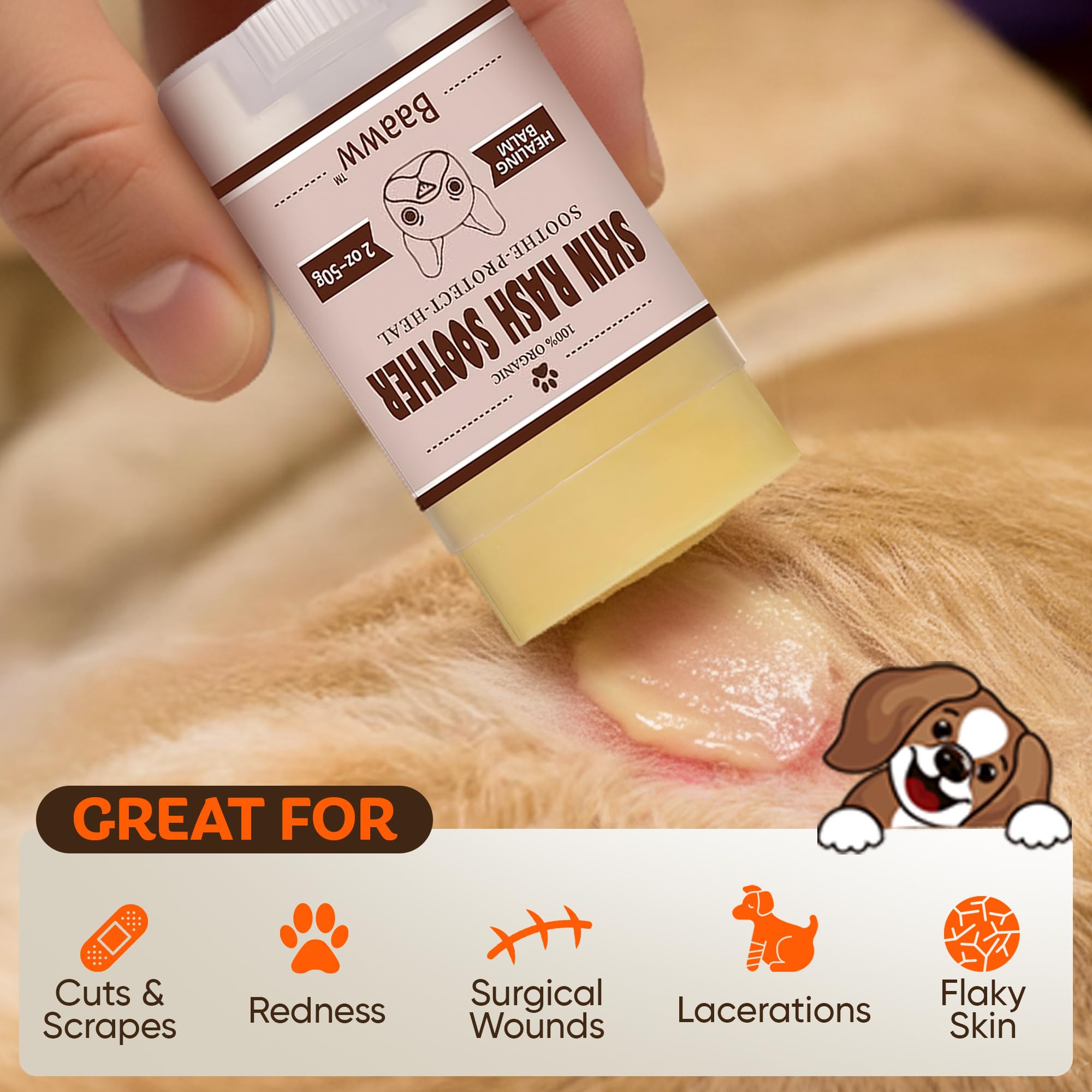 Baaww dry skin lotion soothing a dog's itchy patch and coat.