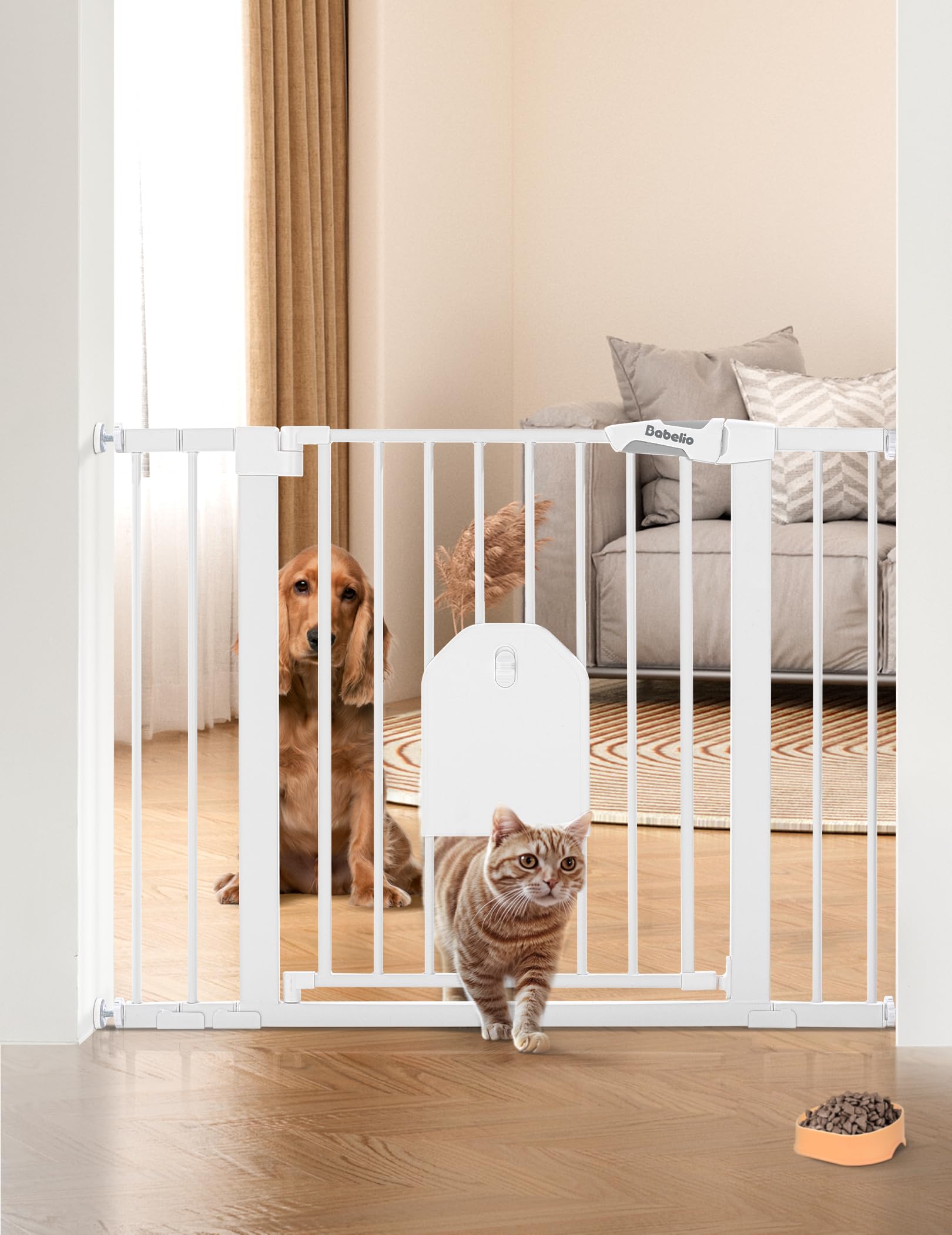 Babelio Auto Close Baby Gate in doorway with wall cups, easy setup for childproofing.