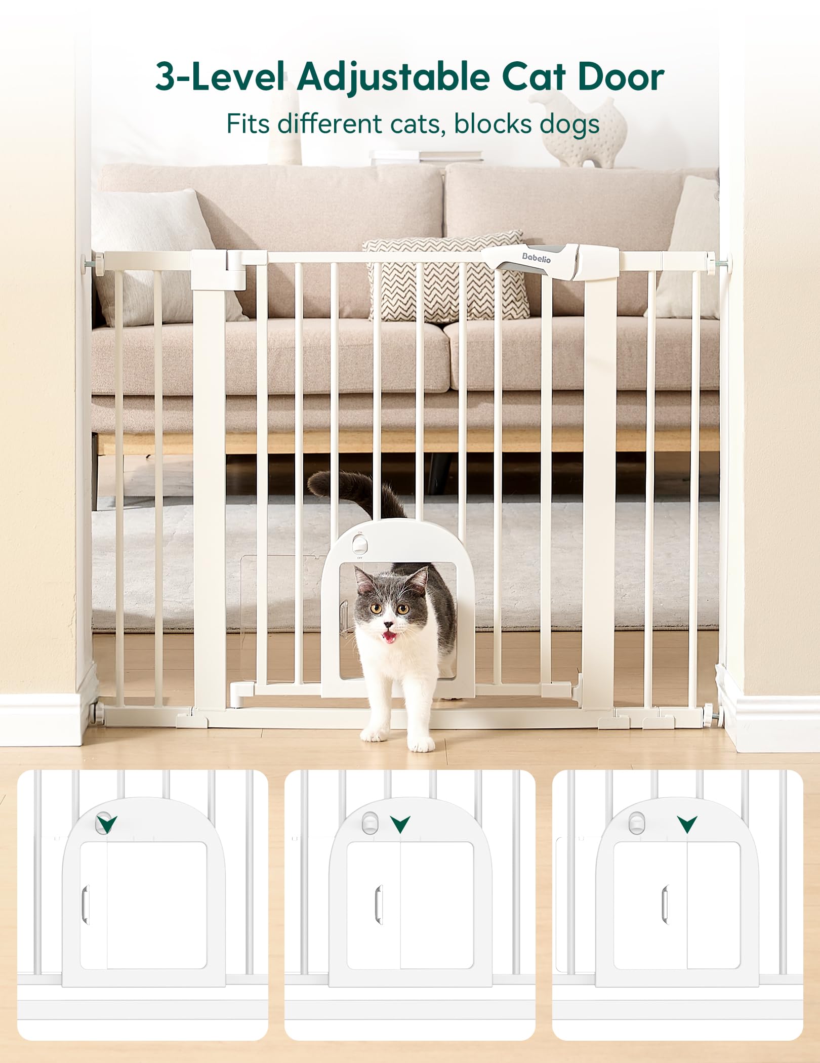 Babelio gate fitting 29-43 inch openings with extensions for wider spaces.