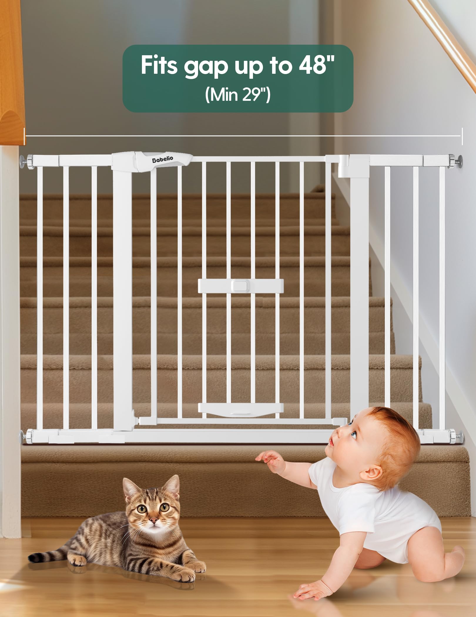 Babelio auto-close feature on baby gate ensures doors shut behind you.