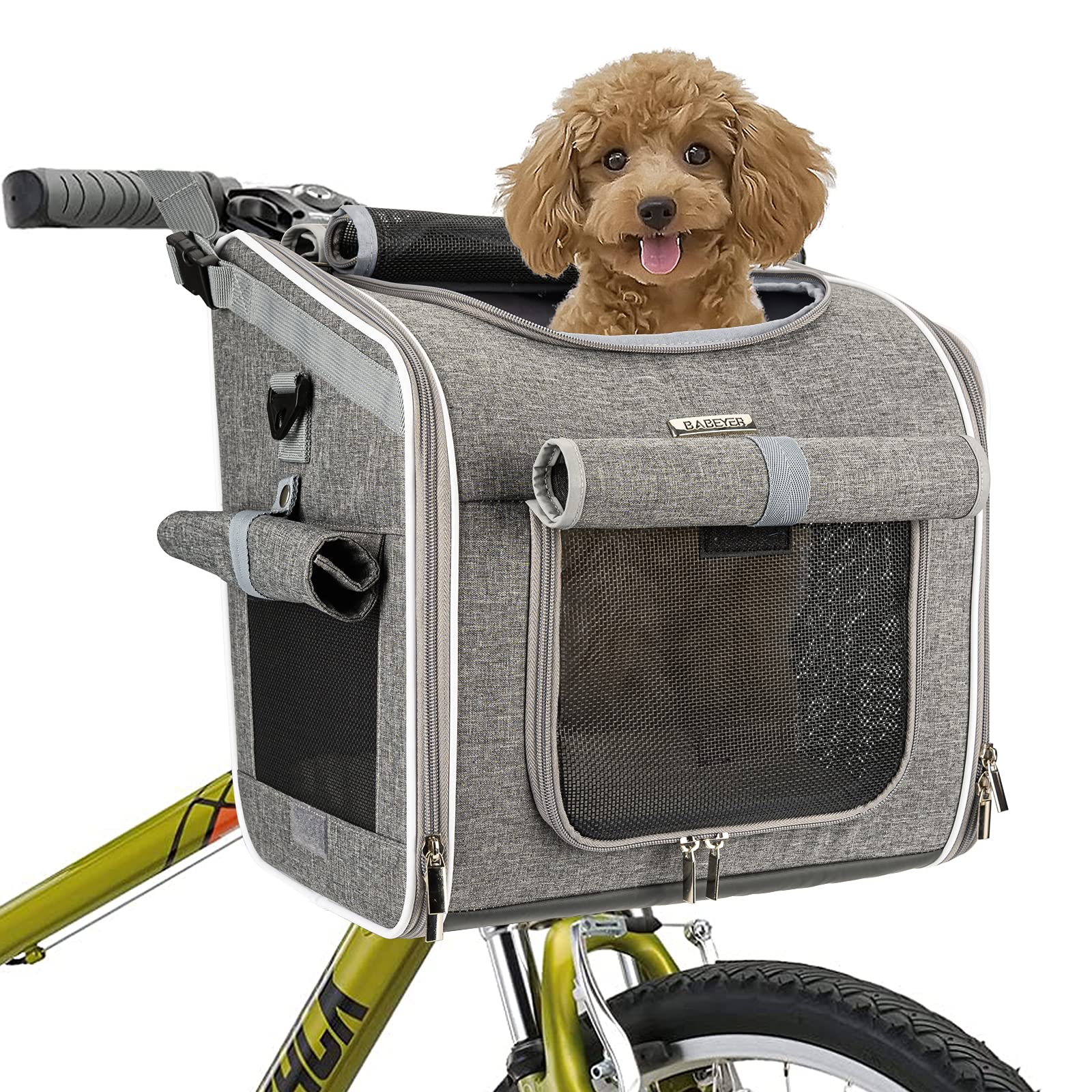BABEYER Dog Bike Basket front view with secure harness attachment for safe rides.