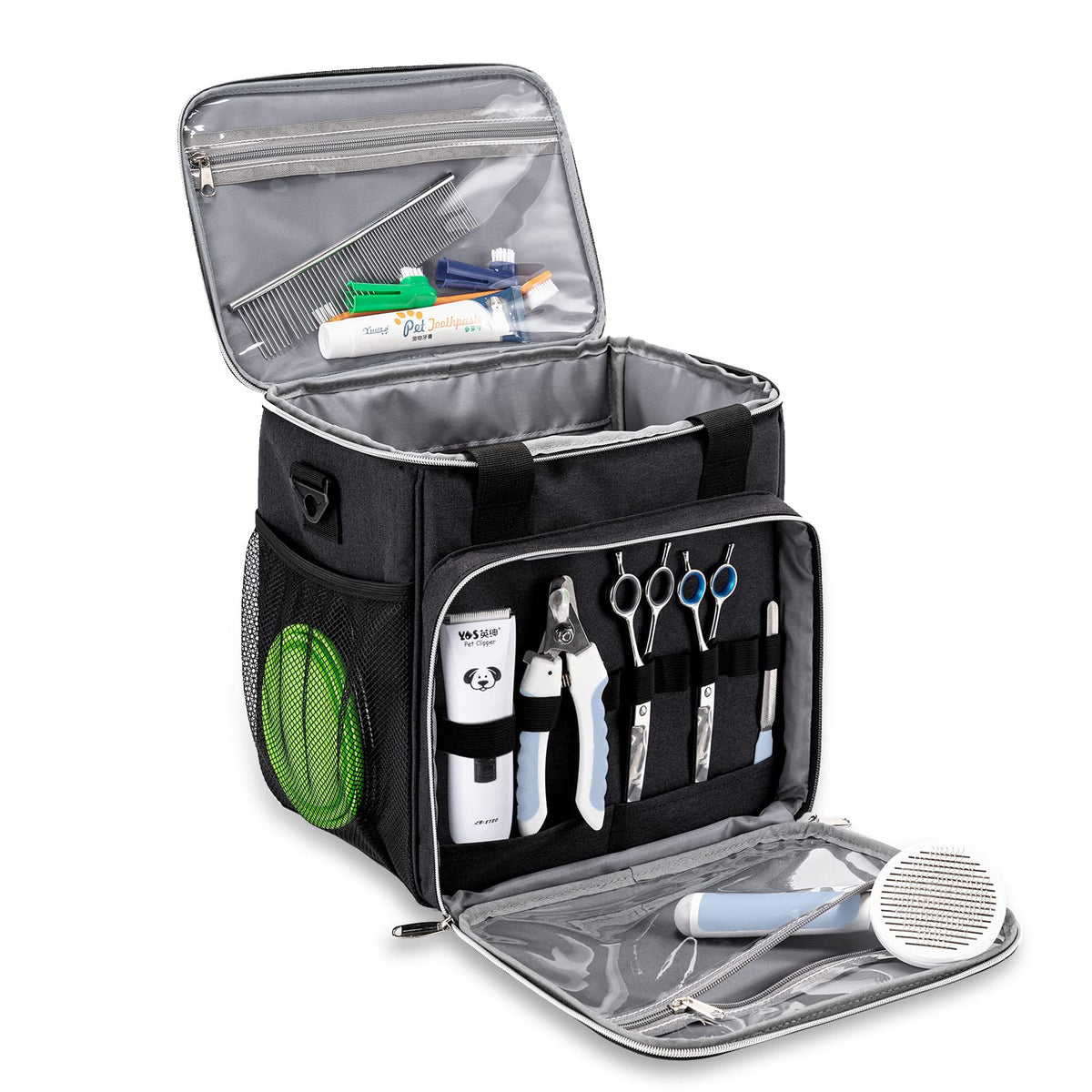 BABEYER pet grooming bag top view shows organized pockets for quick tool access.