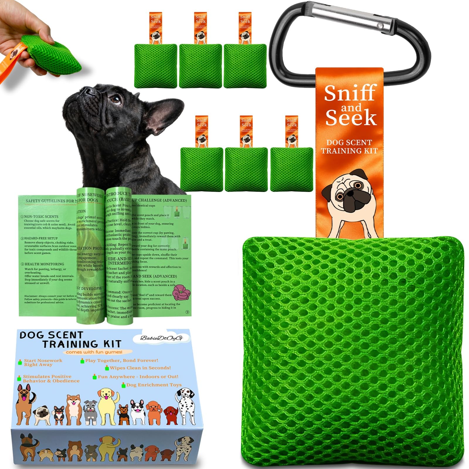 BabieDtOyG dog scent training kit packaging highlights beginner-friendly setup and bonding moments.