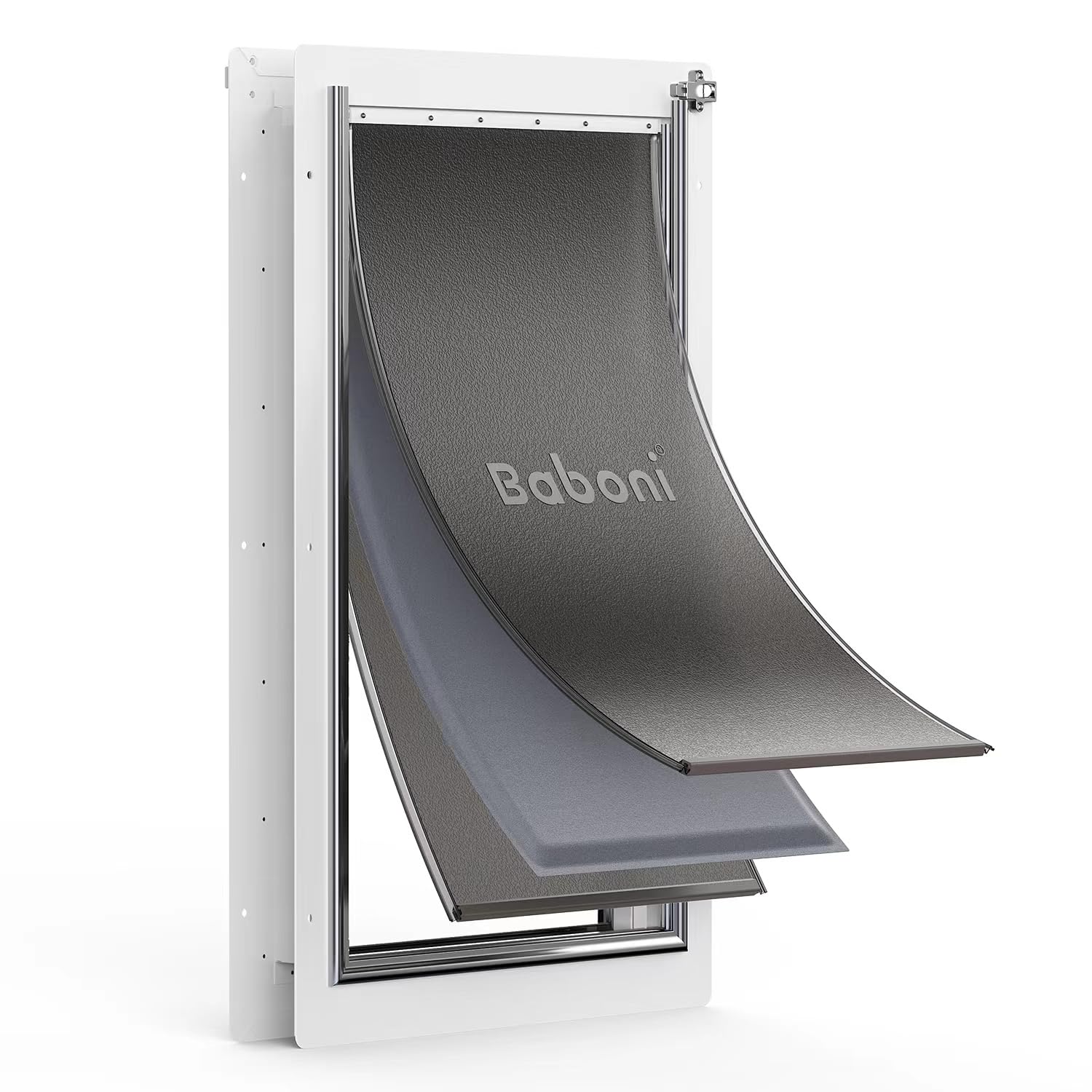 Baboni 3-Flaps pet door front view showing sturdy steel frame for easy access