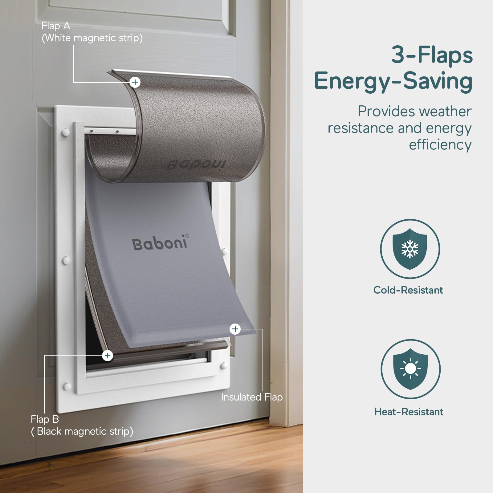 Telescoping tunnel on Baboni 3-Flaps adapts to door thickness for a snug fit.