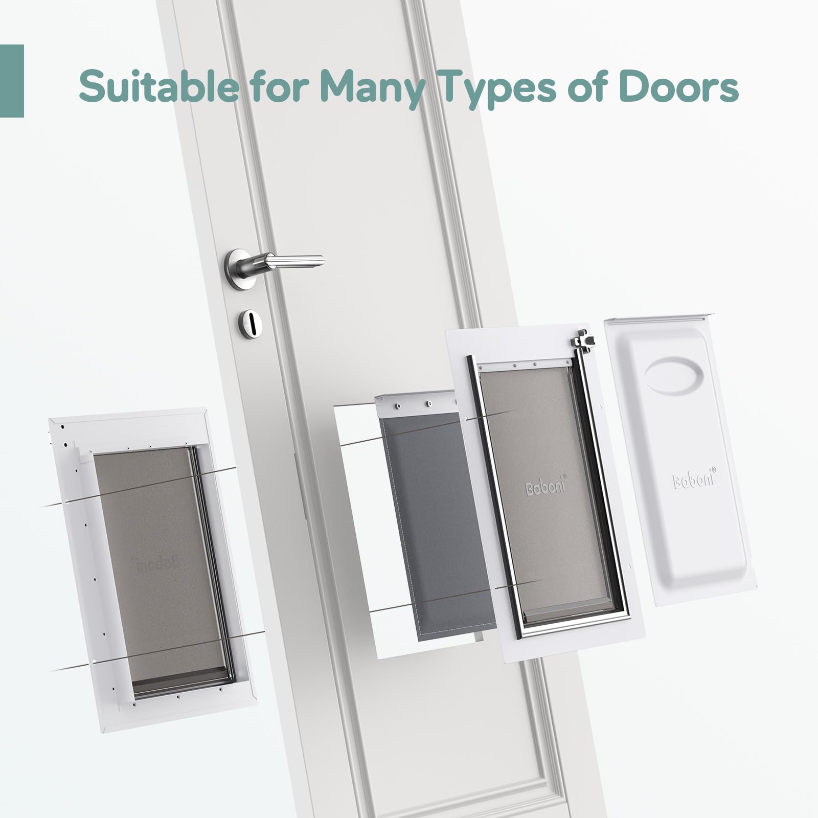 Baboni 3-Flaps dimensions indicating opening size and frame footprint for mid-size pets