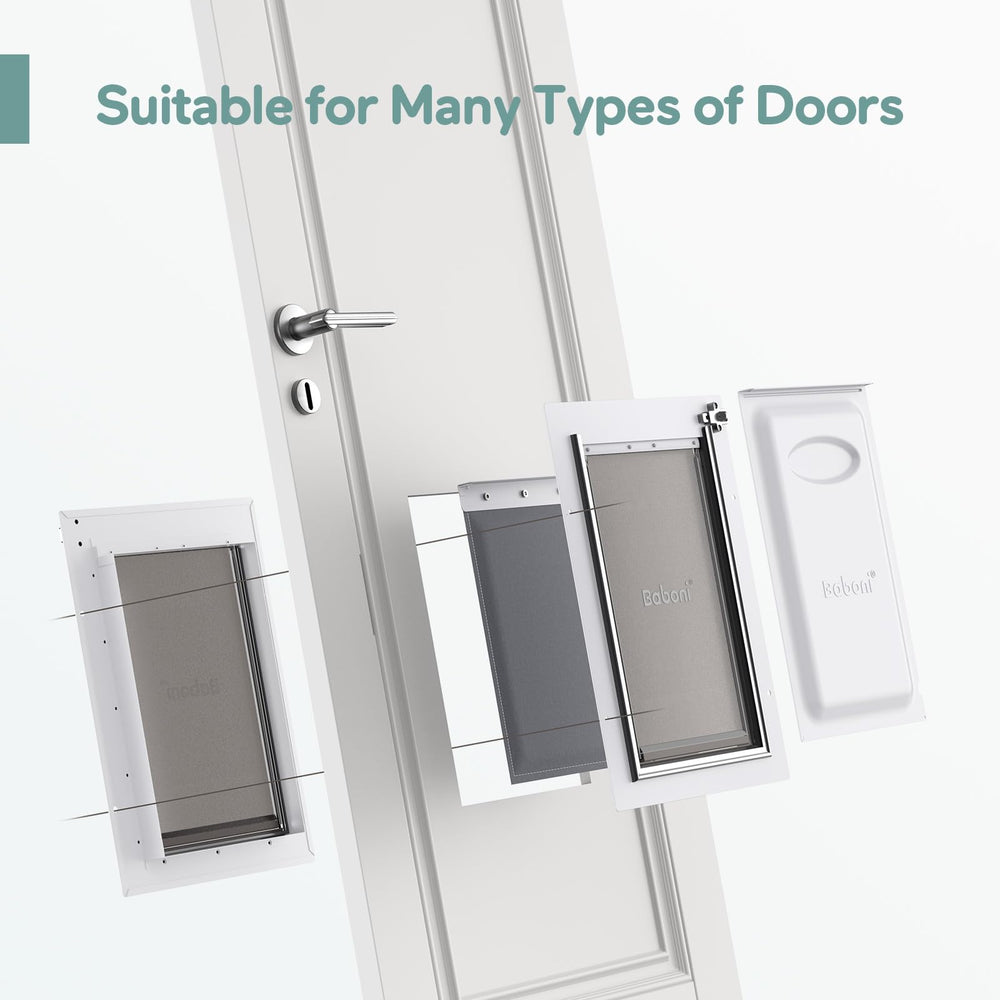 Baboni 3-Flaps dimensions indicating opening size and frame footprint for mid-size pets