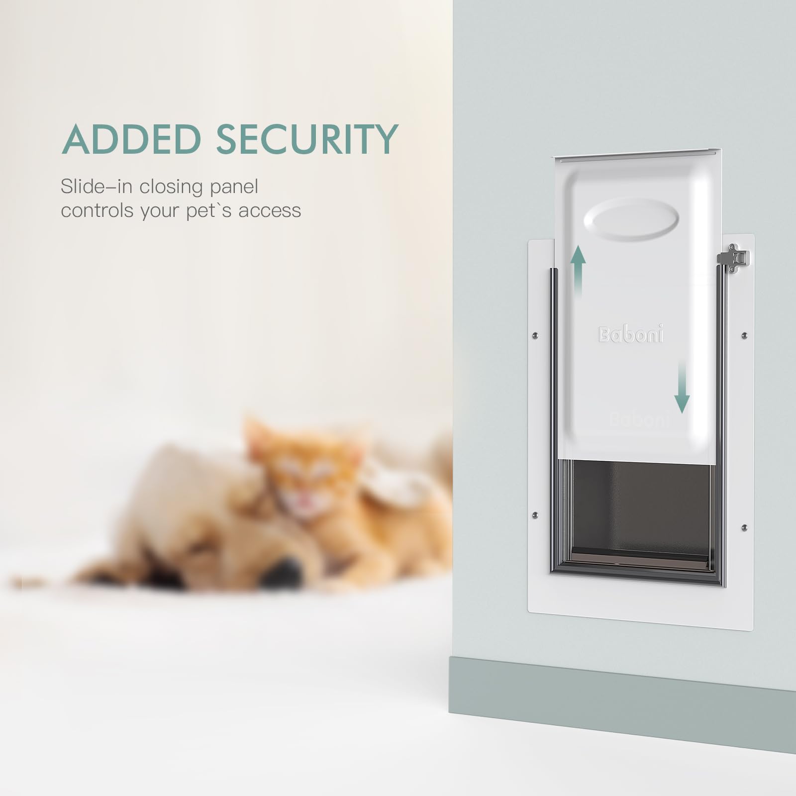 Baboni large pet door coverage installed on wall for seasonal access control.