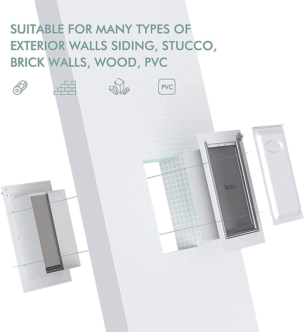 Baboni pet door with telescoping tunnel enables fit for thick walls.