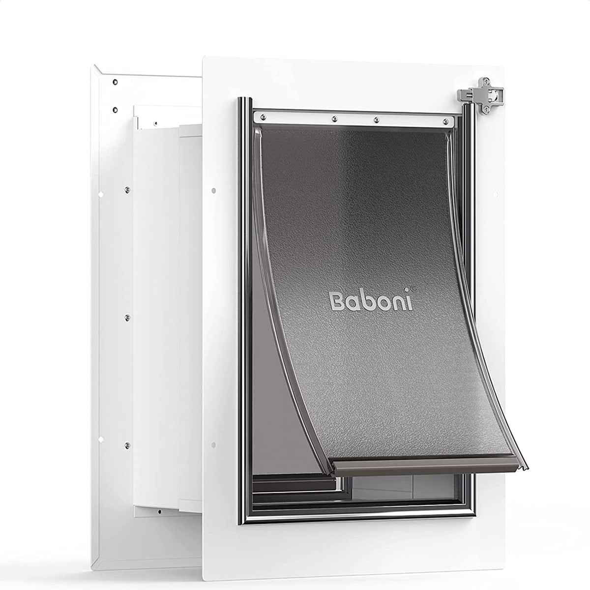 Baboni pet door on wall with steel frame and telescoping tunnel for versatile installation.