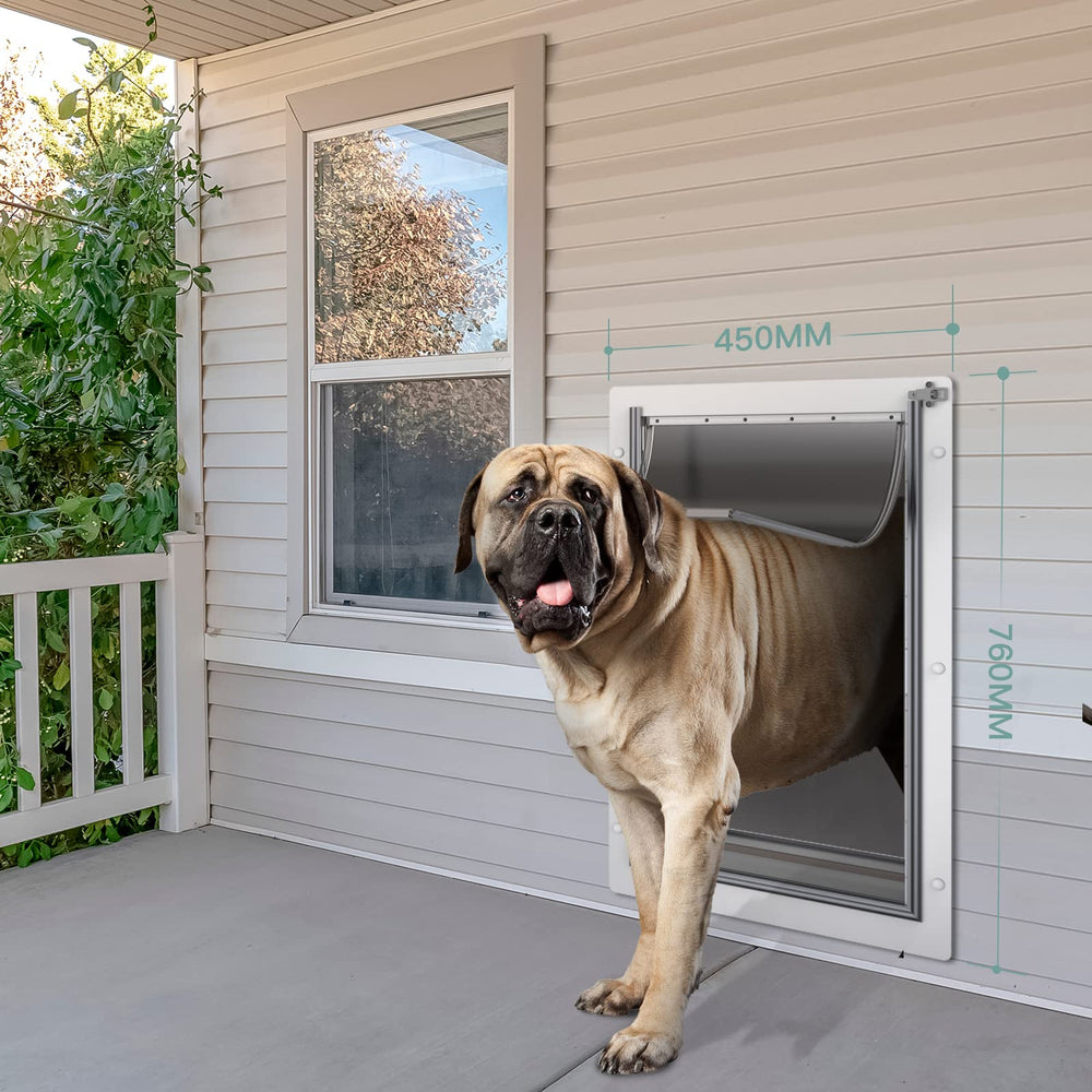 Baboni wall-mounted pet door highlights durable aluminum lock and secure metal construction.