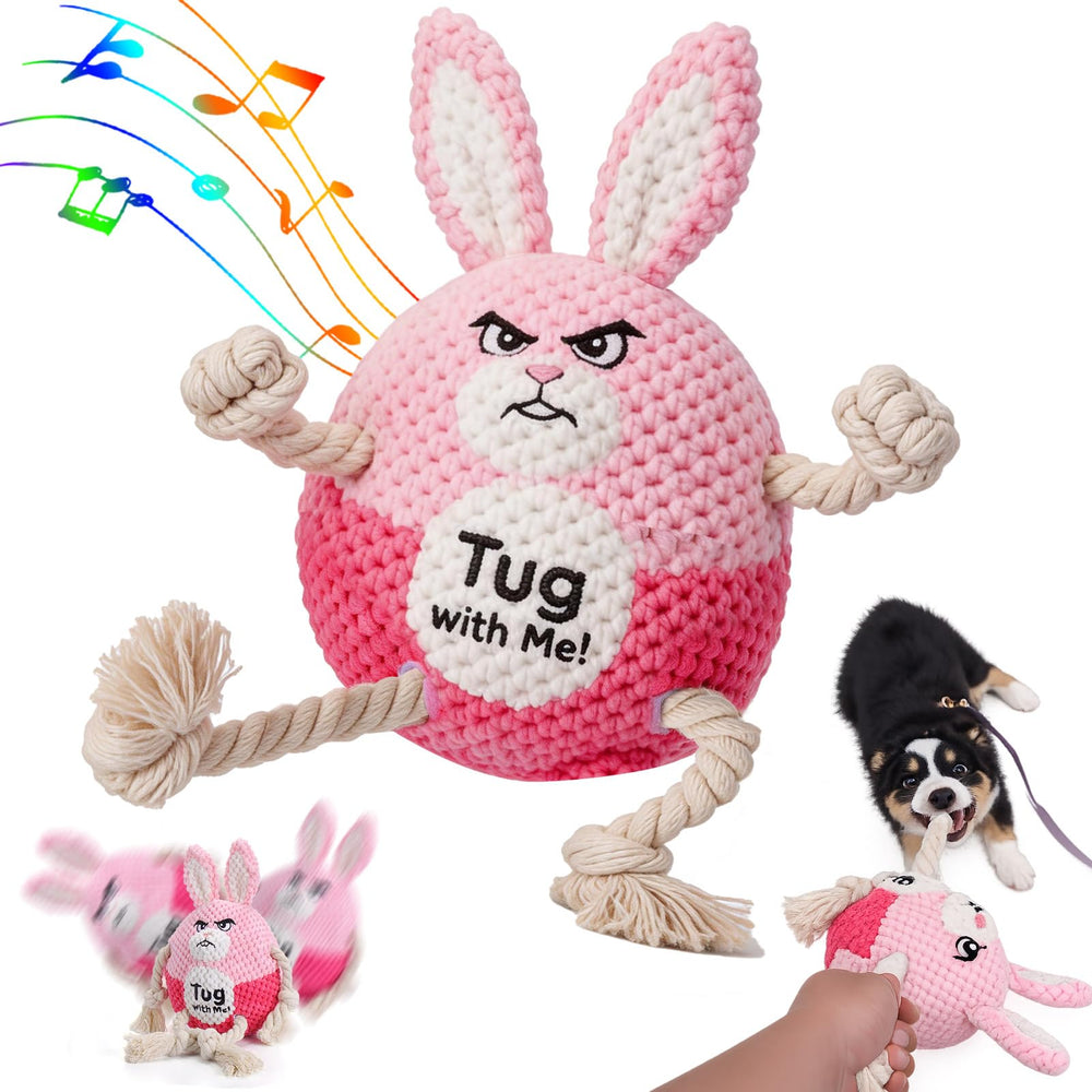 BABORUI pink bunny interactive dog toy with bright rope for tug play.