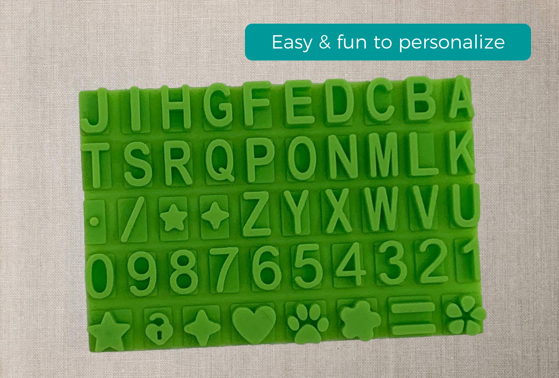 Baby Mushroom personalization stencil and roller enables crisp, custom text and shapes.