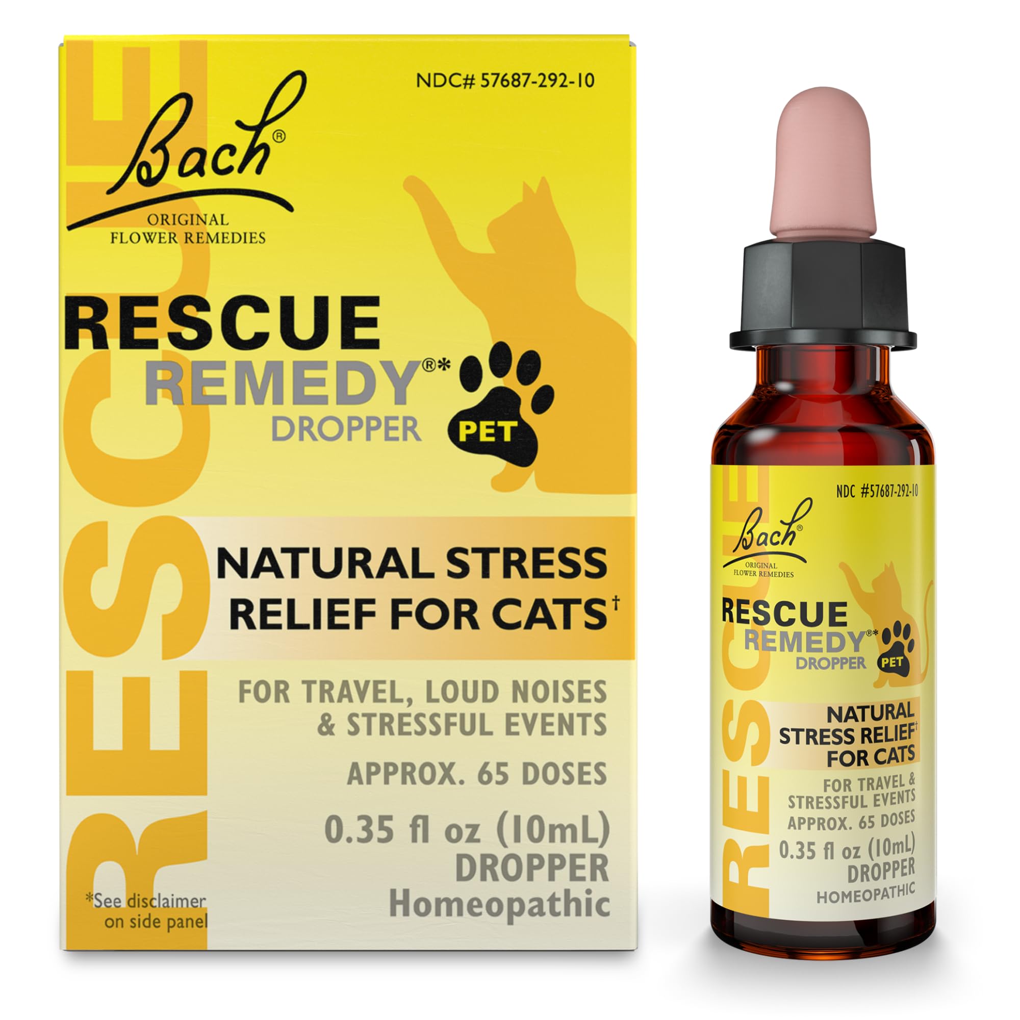 Bach Rescue Remedy Cat Dropper bottle close-up showing calming flower essences for pets.