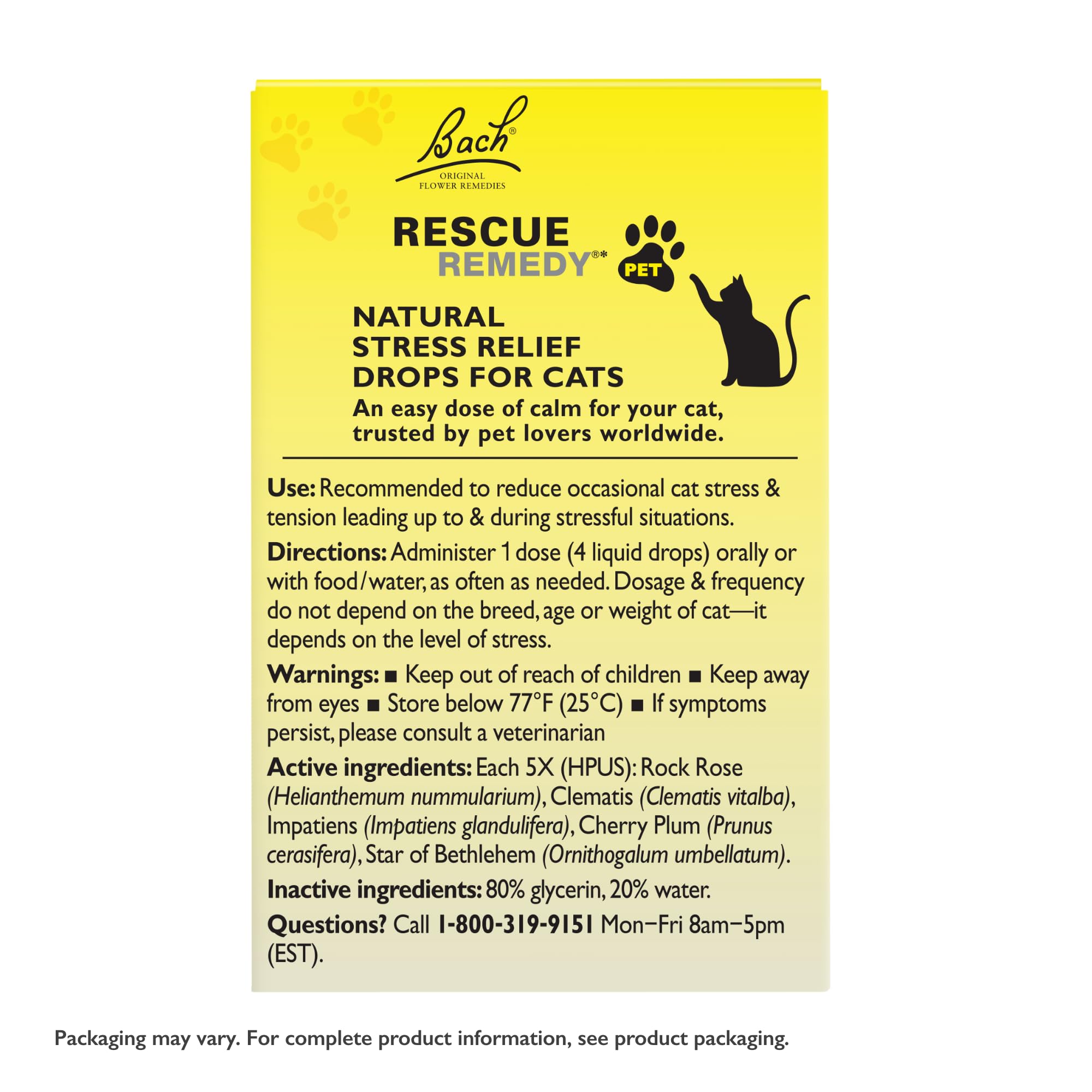 Bach Rescue Remedy Cat label detail highlighting homeopathic ingredients.