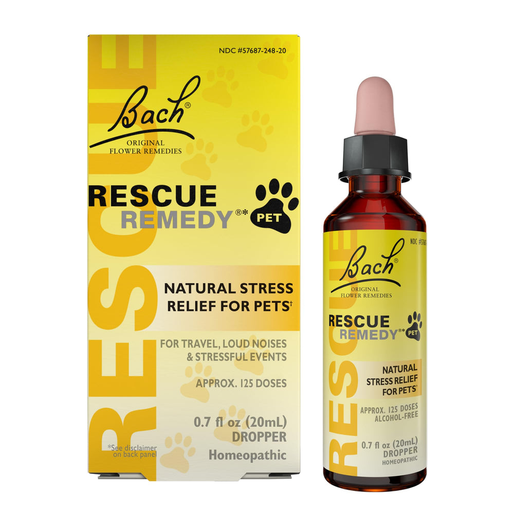 Bach Rescue Remedy Pet Dropper bottle calms pets during moments of stress