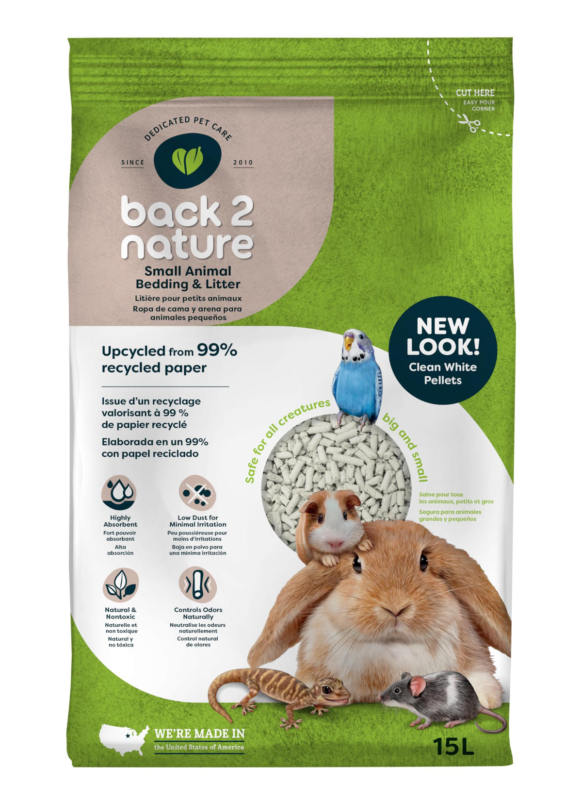 Back-2-Nature small animal bedding pellets in a 15L bag for absorbent, easy maintenance.