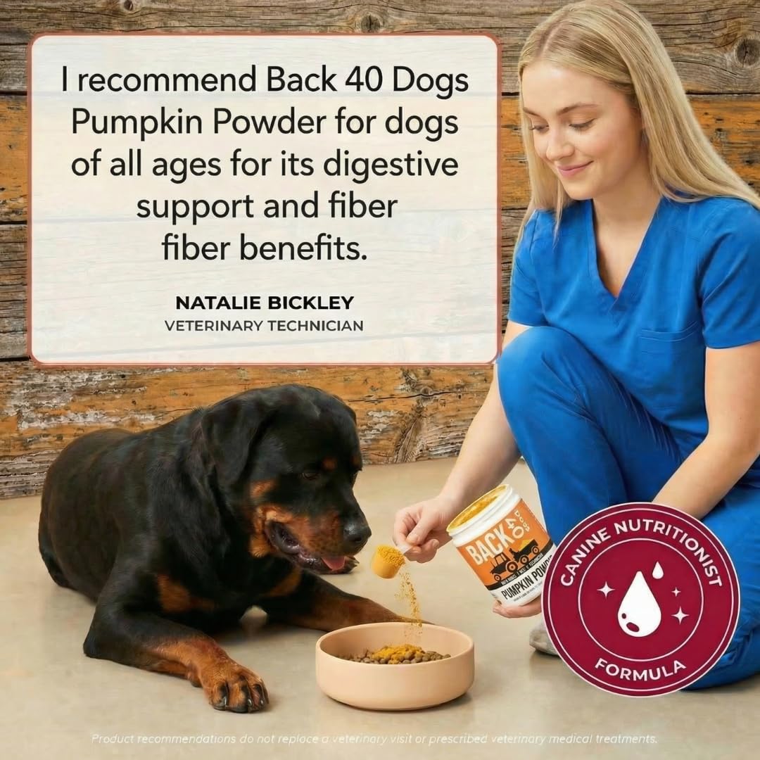 Back 40 Dogs pumpkin powder jar label emphasizes grain-free, high-fiber formula